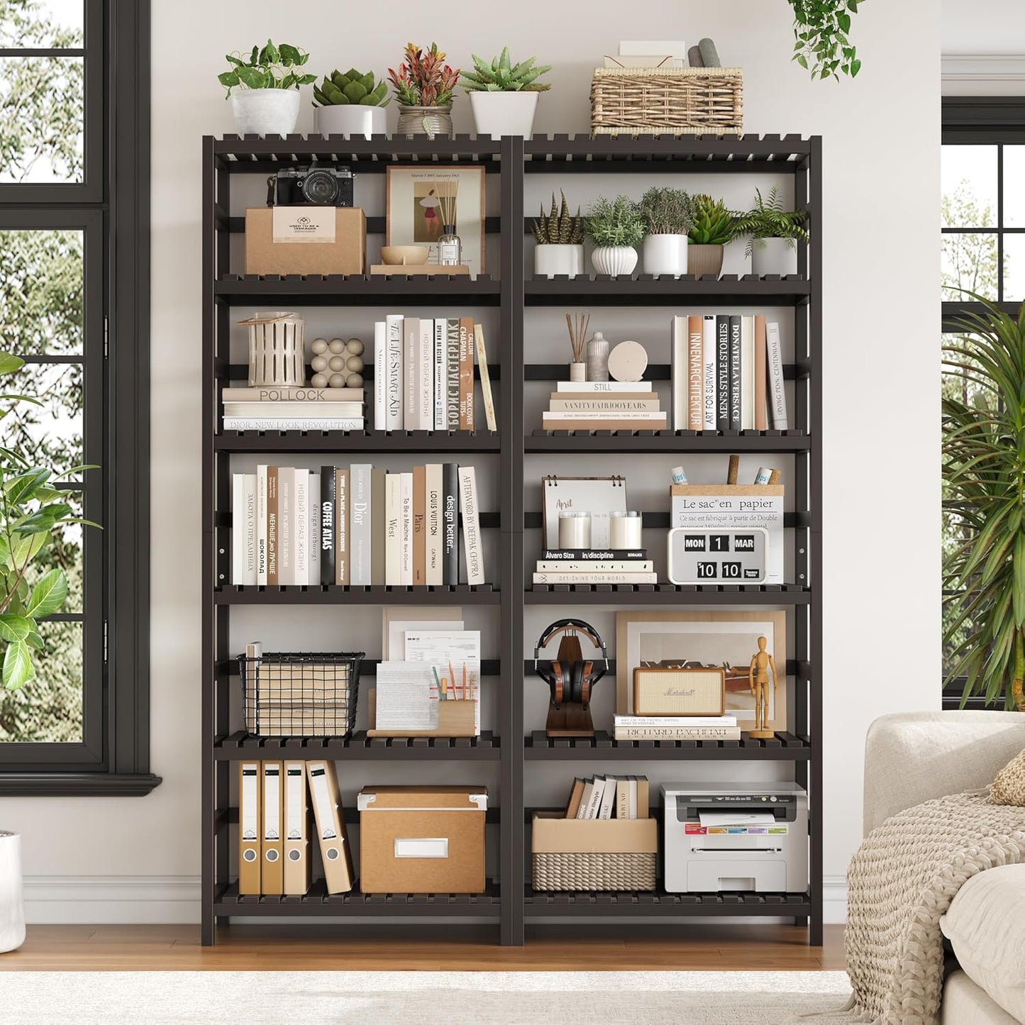 FOTOSOK 6-Tier Bamboo Shelf Set of 2, Bamboo Bookcase with Adjustable Shelves, Free Standing Storage Shelf Unit and Plant Flower Stand, Tall Large Bookshelf for Kitchen, Bathroom, Home Office, Vintage - NestledHome