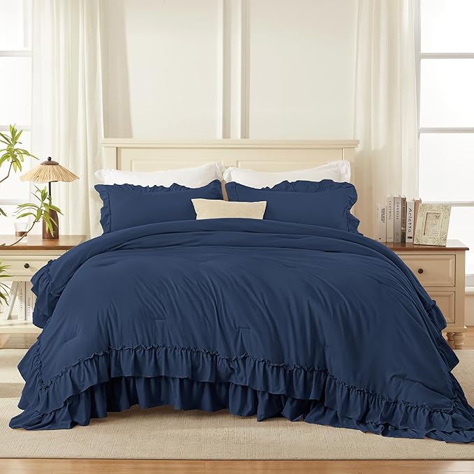 Andency Navy Blue Full Size Comforter Set (79x90Inch), 3 Pieces Farmhouse Shabby Chic Ruffle Bedding Comforter Sets, All Season Soft Lightweight Microfiber Bed Set
