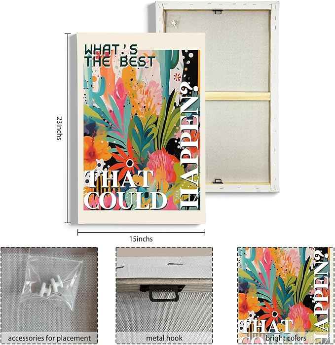 HIWX What's the Best That Could Happen Maximalist Floral Framed Canvas Painting Wall Art Decor, Funky Eclectic Botanical Inspirational Wall Art Home Decoration for Home Bedroom Room, 16x24