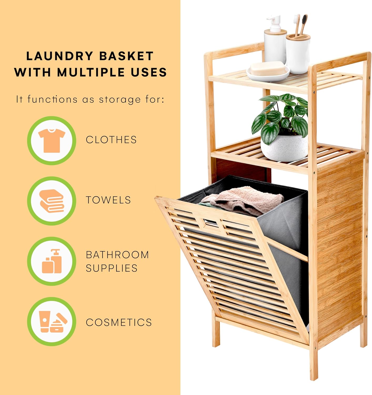 Prosumer’s Choice Bamboo Tilt-Out Laundry Hamper with 2-Tier Storage Shelves – Freestanding Clothes Hamper with Removable Liner, Space-Saving Design for Bathroom or Bedroom – 15.5”L x 11.8”W x 37.4”H - NestledHome