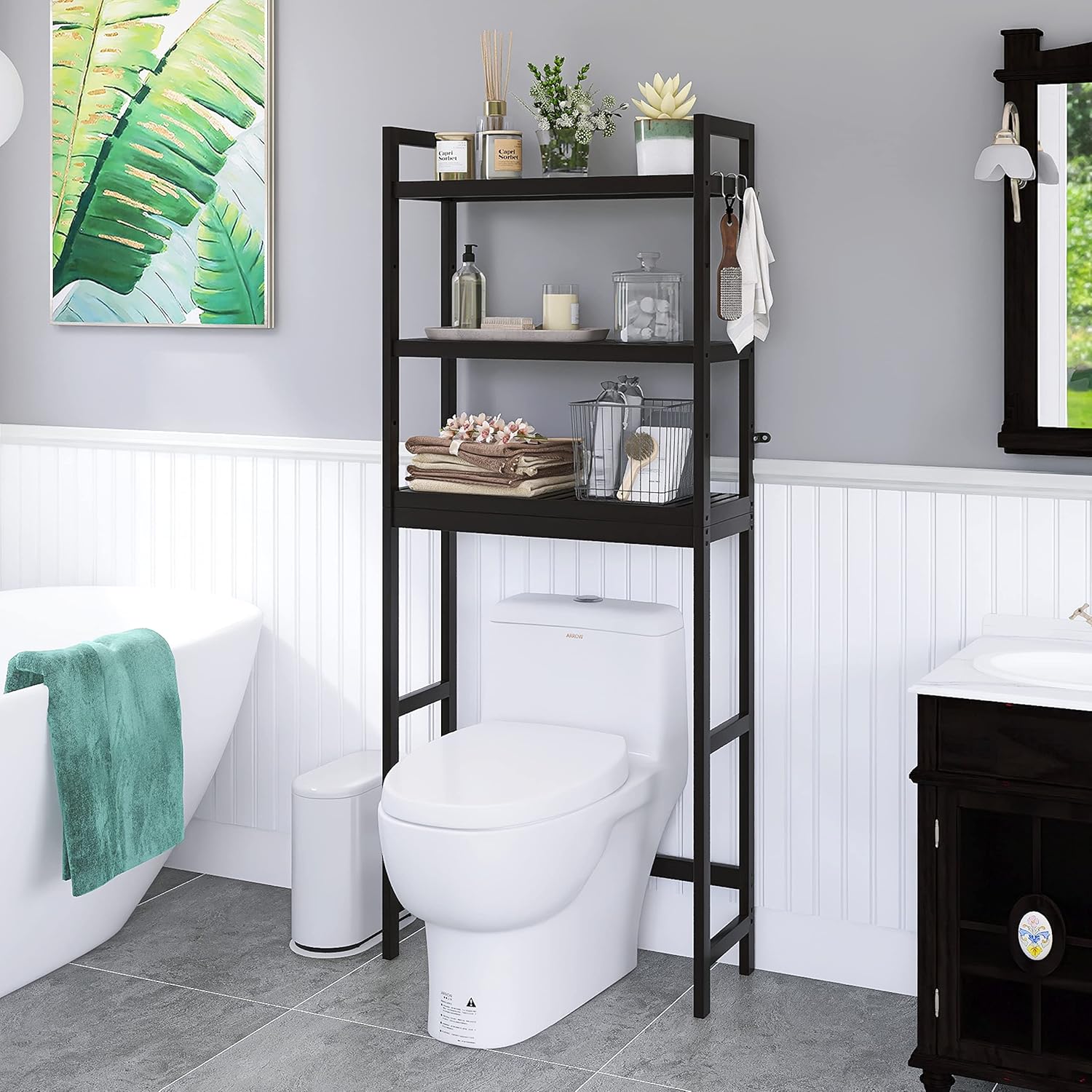 SMIBUY Bathroom Storage Shelf, Bamboo Over-The-Toilet Organizer Rack, Freestanding Toilet Space Saver with 3-Tier Adjustable Shelves (Black) - NestledHome