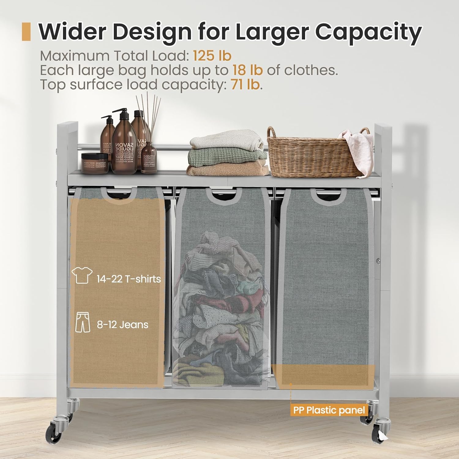 Laundry Hamper, Laundry Basket, Laundry Sorter with 3 Removable Bags, Clothes Basket with 3 Compartments, Wheels, Shelf for Laundry Room Bathroom Bedroom (3 Bags-Gray) - NestledHome
