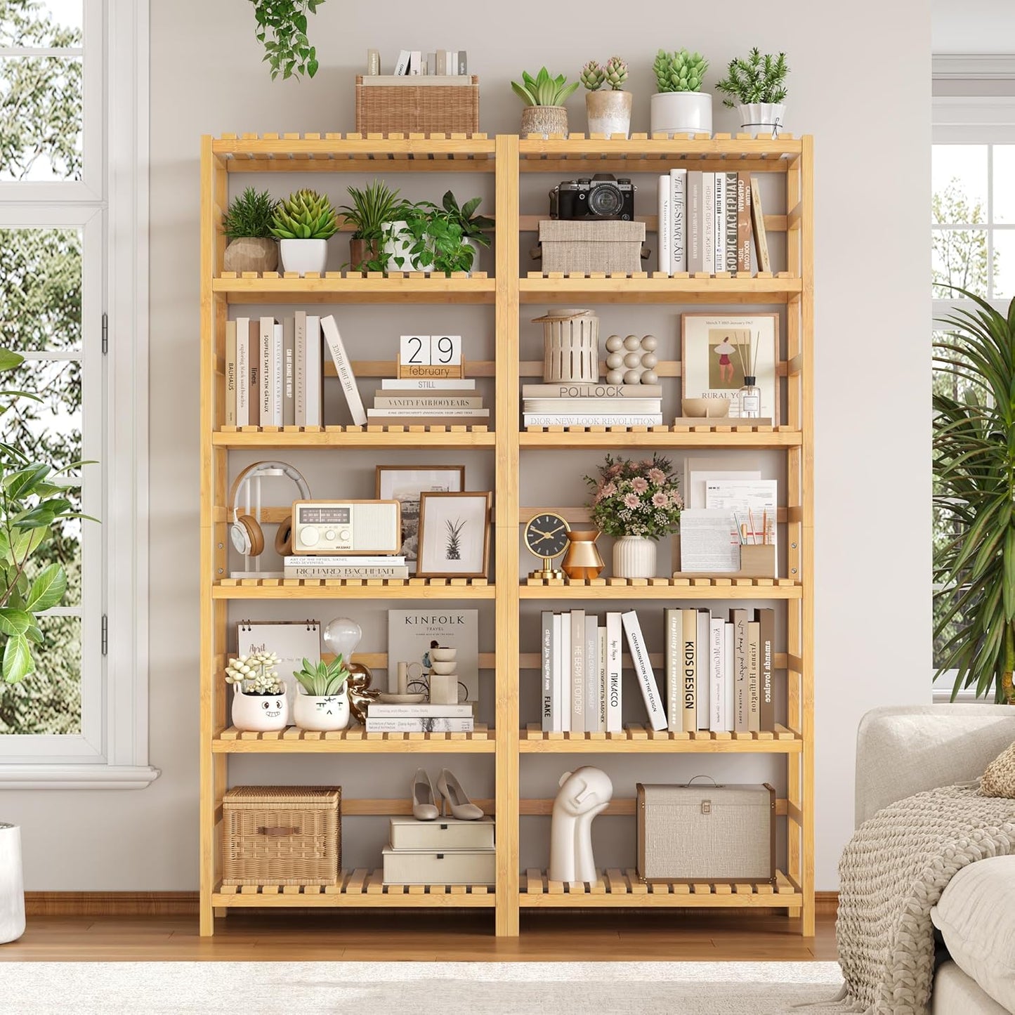 FOTOSOK 6-Tier Bamboo Shelf Set of 2, Bamboo Bookcase with Adjustable Shelves, Free Standing Storage Shelf Unit and Plant Flower Stand, Tall Large Bookshelf for Kitchen, Bathroom, Home Office, Natural - NestledHome