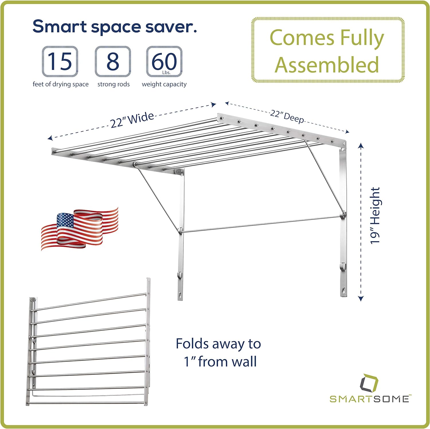 Smartsome | Wall Mounted | Clothes Drying Rack| 22" Wide |15 Linear Feet Capacity | 8 Smooth Round Stainless Steel Rods | 60 lb Capacity | Fully Assembled | Compact Sturdy Space-Saving Design - NestledHome