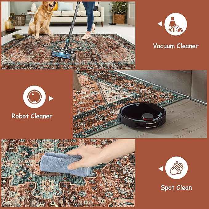 Moynesa 8x10 Ultra-Thin Vintage Area Rug - Oriental Print for Bedroom, Living Room, Under Table, Office, Entryway - Brick Red/Dull Teal