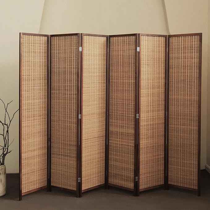 6 Panel Bamboo Room Divider – 5.6 ft Tall Folding Privacy Screen, Natural Brown Freestanding Partition Wall for Room Separation (67 x 92.1 inches)