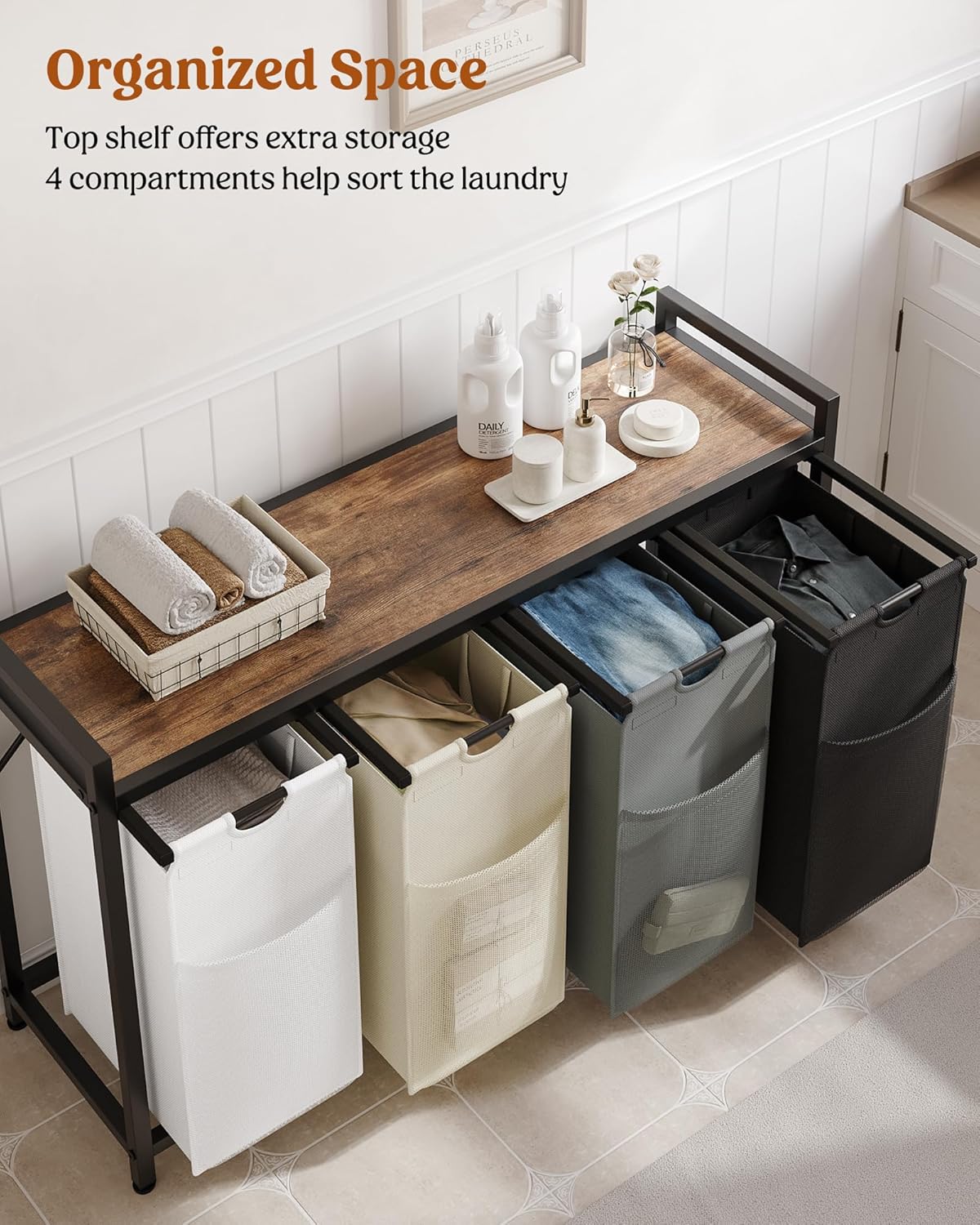 Lulive Laundry Hamper with Shelf, Laundry Basket 4 Section, Laundry Sorter Organizer with Pull-Out Removable Large 4 Color Bags & Large Top Shelf for Laundry Room, Bathroom and Dorm, 4 x 18 Gal (272L) - NestledHome