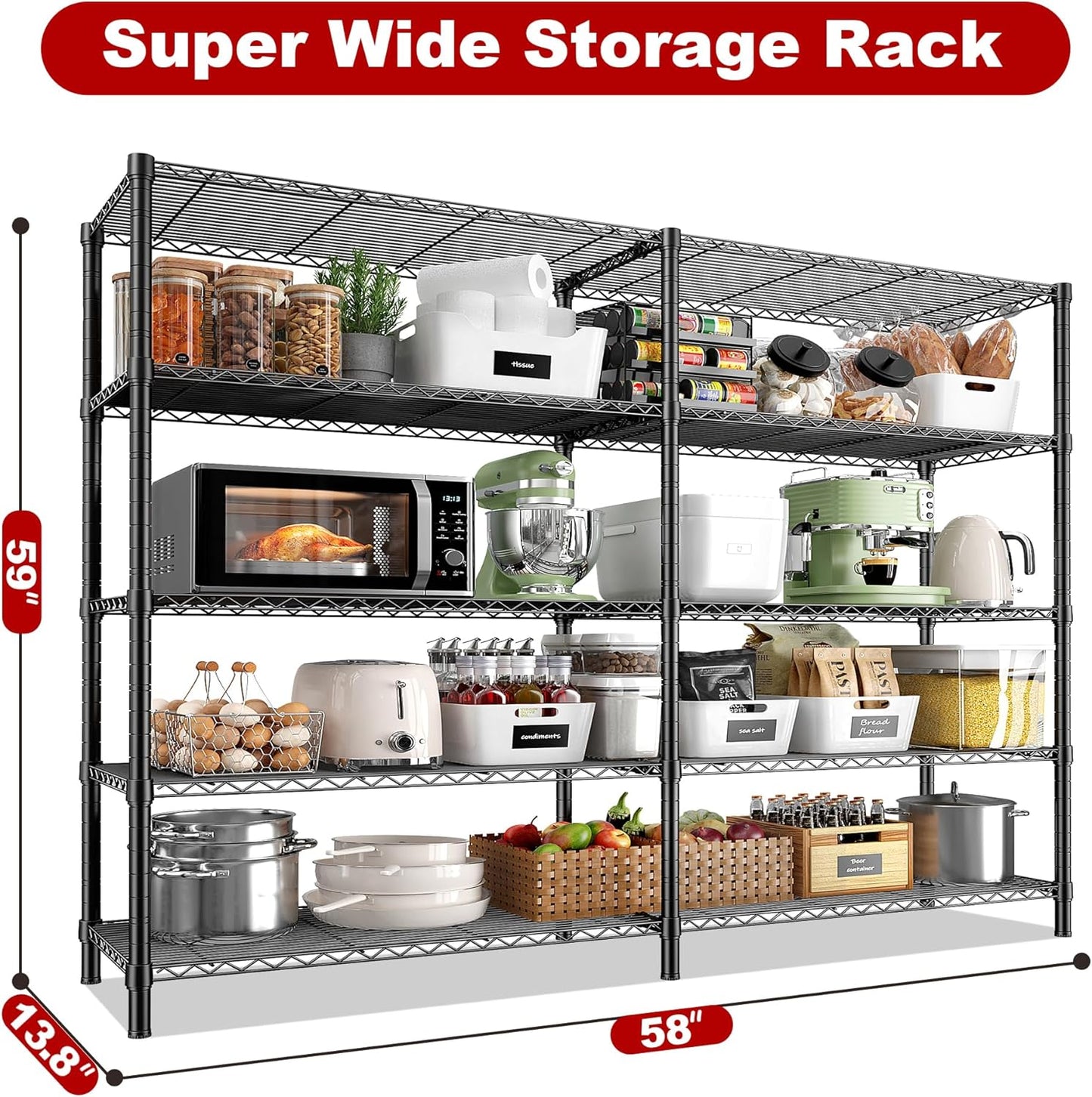 REIBII 5 Tier Wire Shelving Storage Shelves Loads 1430LBS, 58" W Metal Shelving for Storage Adjustable Shelving Unit Heavy Duty Garage Shelves Pantry Shelves Kitchen, Black - NestledHome