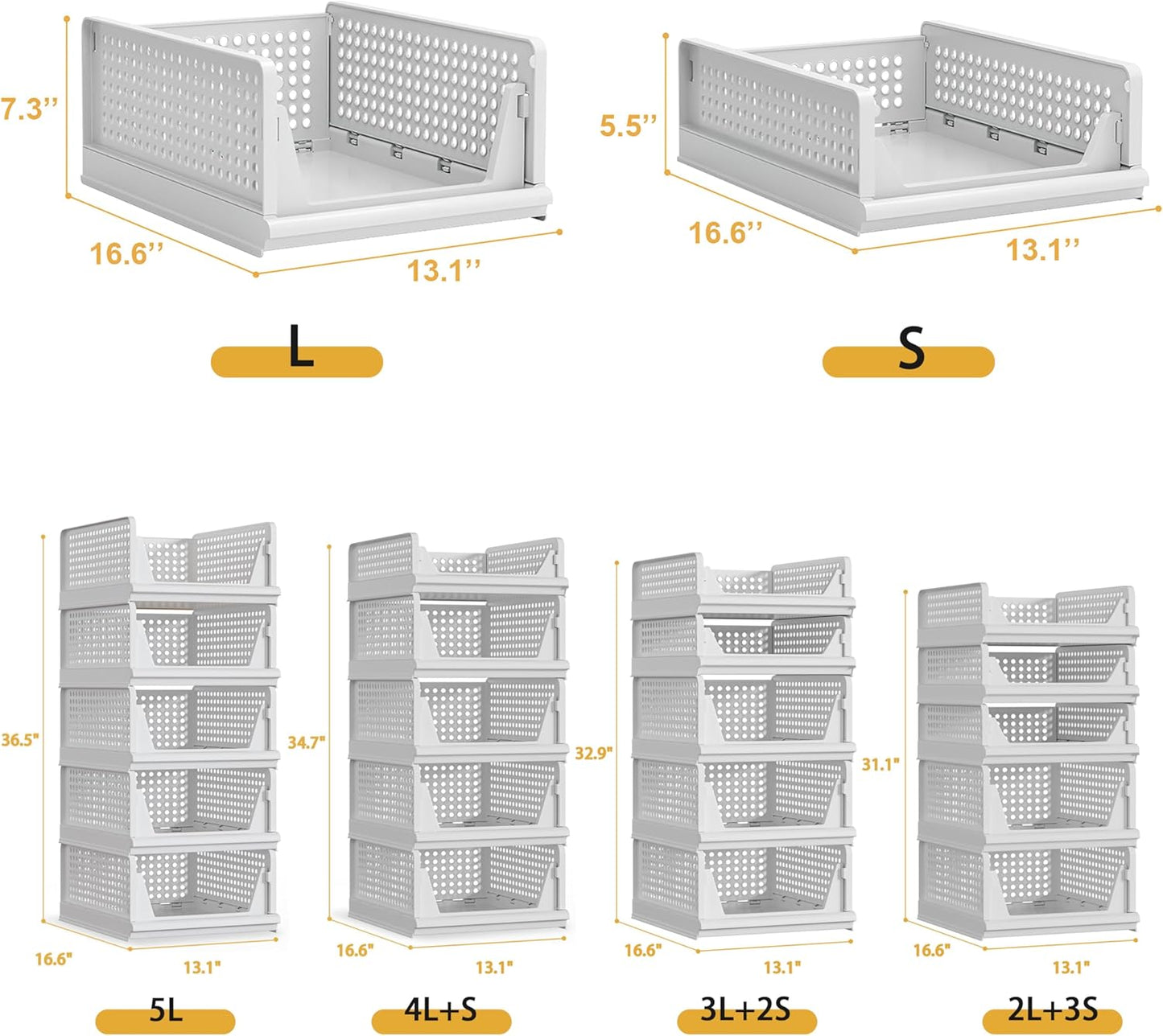5 Pack Stackable Plastic Storage Basket Closet Organizer Bin Foldable Clothes Organizer Storage Drawer Shelf Container for Living Room Bathroom Kitchen Office (5L) - NestledHome