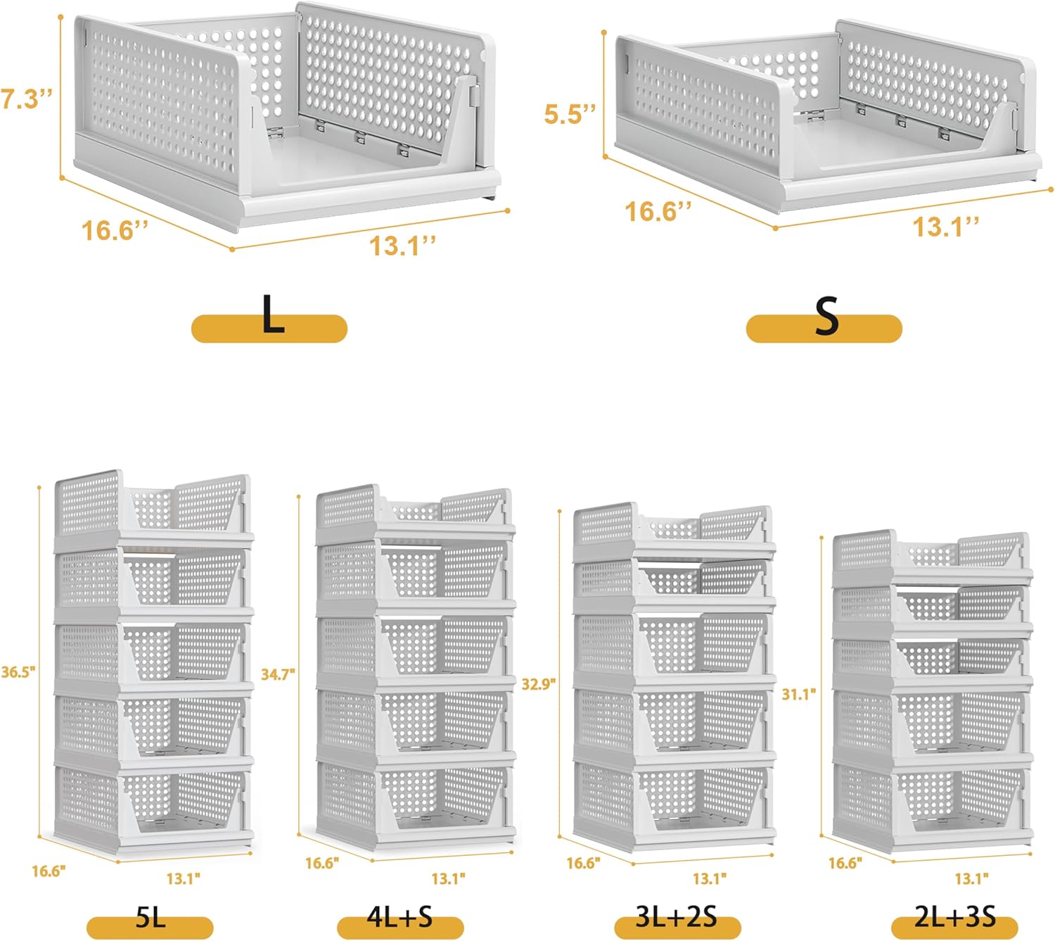 5 Pack Stackable Plastic Storage Basket Closet Organizer Bin Foldable Clothes Organizer Storage Drawer Shelf Container for Living room Bathroom Kitchen Office (2L+3S) - NestledHome
