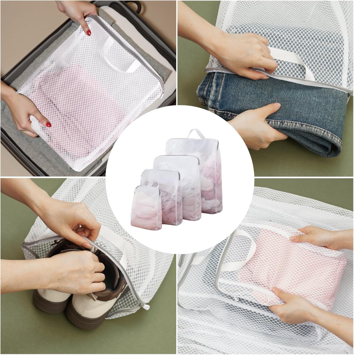 GWT 4Pcs 3D Mesh Laundry Bags with Hanging Handles (S/M/L/XL) - Durable Zippered Wash Bags for Delicates, Shoes & Bulk Clothes - Space-Saving Foldable Design - NestledHome