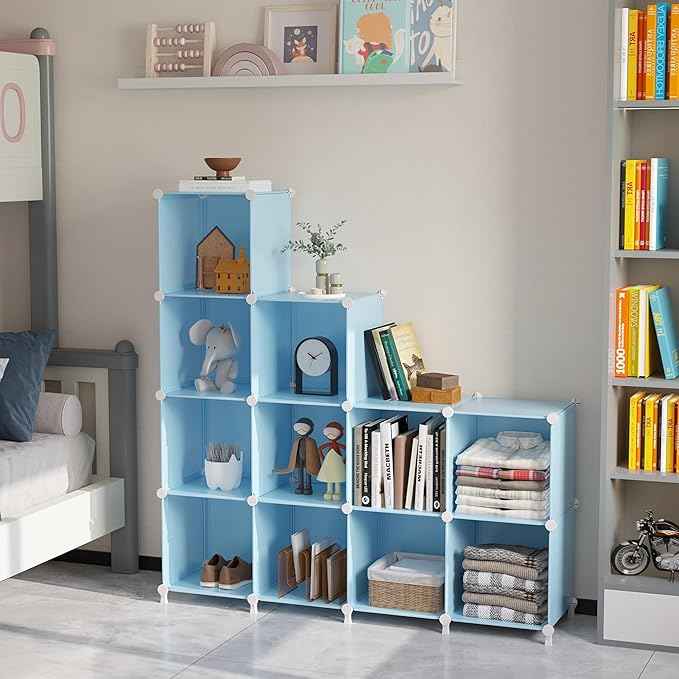 AWTATOS Cube Storage Organizer Protable Closet Organizers and Storage for Kids DIY Stackable 12 Cube Storage Shelves Clothes Organizer for Bedroom, Home, Blue