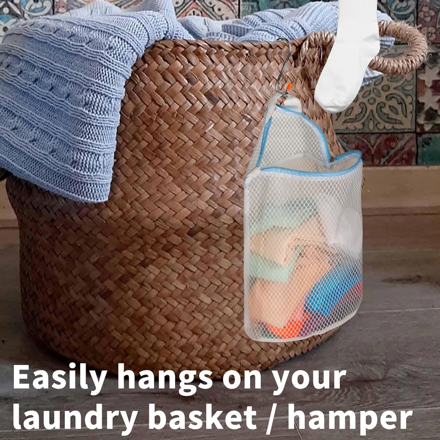 5Pcs Hanging Laundry Bags for Socks with S Hooks, 5 Color Mesh Laundry Bags for Washing Machine - NestledHome