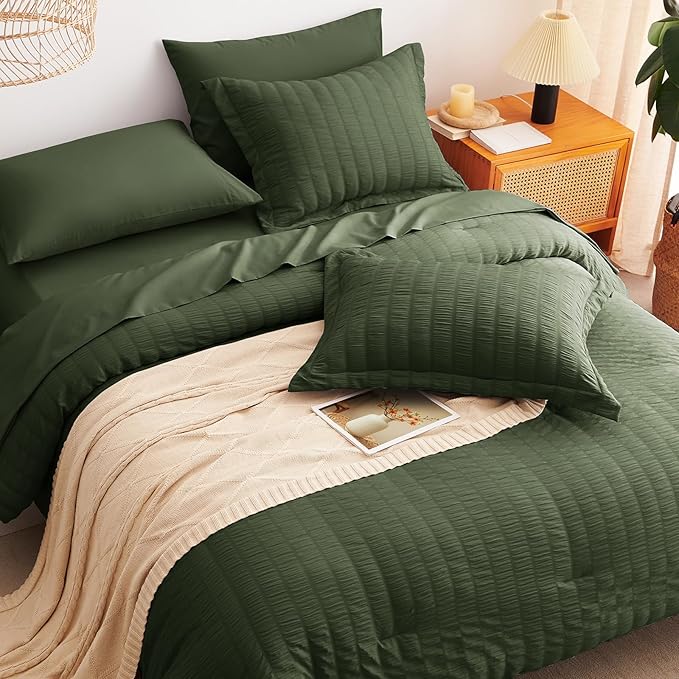 CozyLux Oversized King Comforter Set Olive Green Seersucker 7 Pieces Bed in a Bag King Comforter Set with Sheets, Luxury Soft Bedding Set with Down Alternative Comforter, Sheets, Pillowcases & Shams
