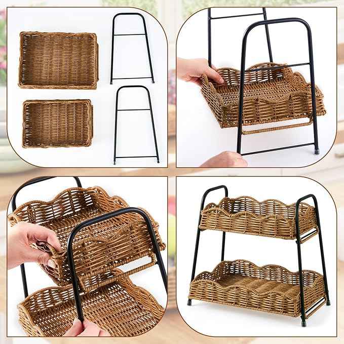 Geelin 2 Tier Stackable Cabinet Organizer Shelves 12.8" x 8.7" x 12" Kitchen Counter Shelves Natural Rattan Scalloped Wicker Basket Boho Spice Rack for Kitchen Bathroom Laundry Living Room Decoration