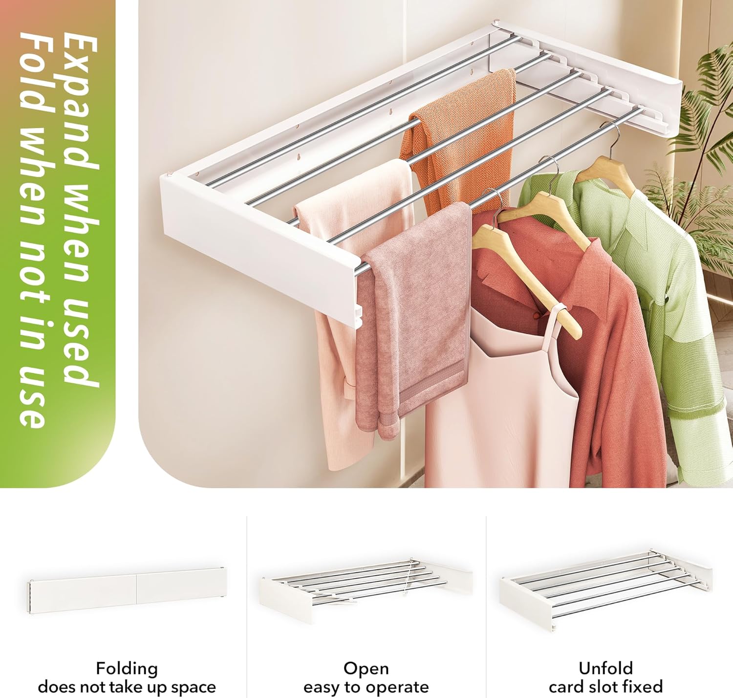Wall Mounted Clothes Drying Rack 32 inches,Foldbale Laundry Drying Rack Wall Mount,Drying Rack Clothing Space Saver,Retractable,Collapsible,Folding Laundry Rack,White - NestledHome