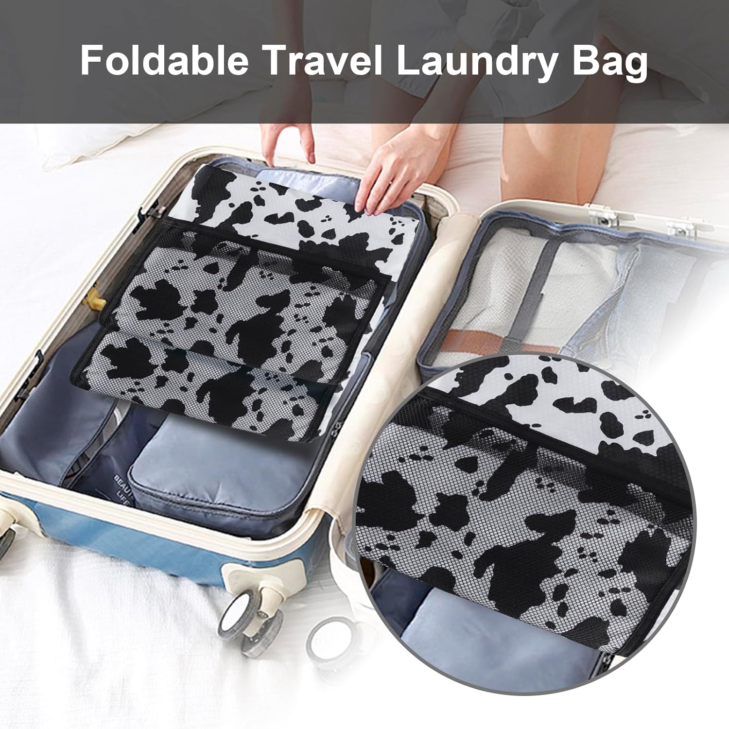 Femuar Laundry Bag Backpack Durable Laundry Bag with Shoulder Straps and Mesh Pockets Portable Laundry Dirty Clothes Hamper Bag for College Dorm (Cow Print) - NestledHome
