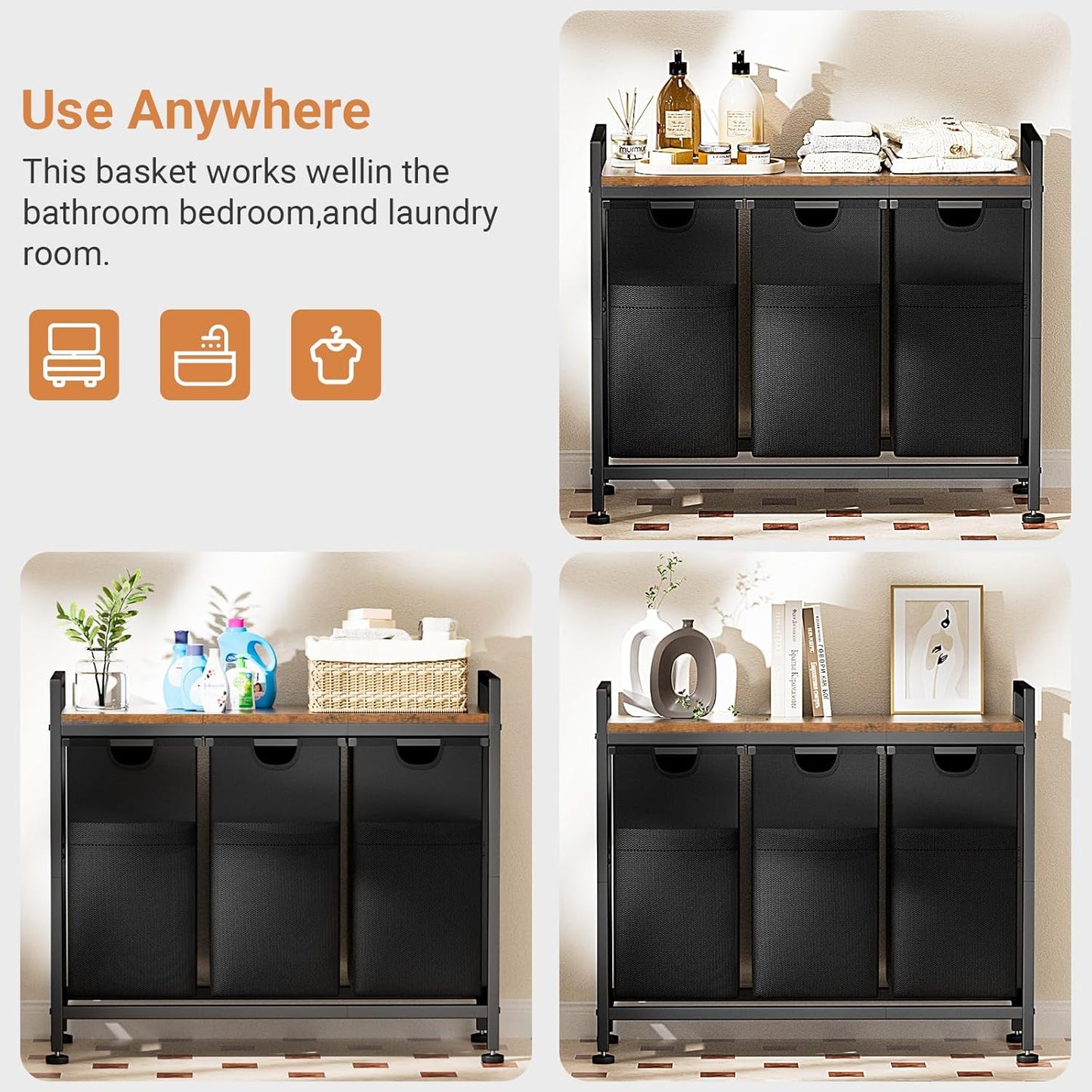 Lulive Laundry Hamper, Laundry Basket Organizer with 3 Pull-Out Removable Bags & Large Top Shelf, 3 × 12.5 Gal (142L) Freestanding Laundry Sorter 3 Sections for Laundry Room, Bathroom and Dorm - NestledHome