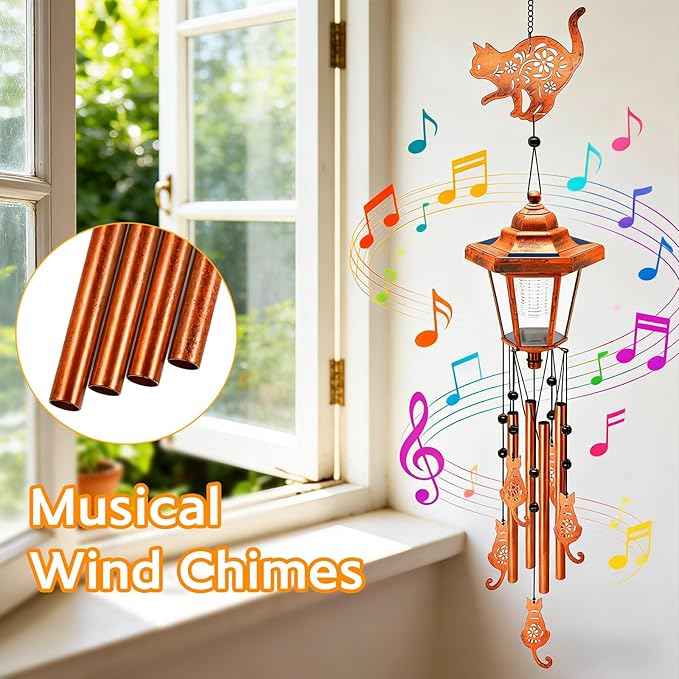 Cat Solar Wind Chimes for Outside, Birthday Gifts for Mom Women Grandma Mother's Day Memorial, 34-Inch Windchimes with Wind Spinner, Outdoor Hanging Solar Lights Waterproof Patio Yard Garden Decor