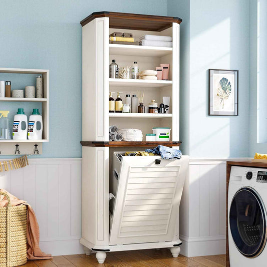 DWVO Tilt Out Laundry Hamper, Farmhouse 4-Tier Storage Cabinet with Removable Laundry Basket, Laundry Hamper Organizer with 2 Adjustable Shelves for Laundry Room, Bathroom, White - NestledHome