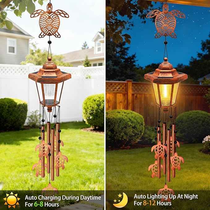 Large Solar Turtle Wind Chimes, Gifts for Women Mom Grandma Wife Sister Daughter Neighbor, Classic Bronze Wind Chimes with Wind Catcher, Solar Decor Lights for Outdoor Garden Patio Yard Porch Window