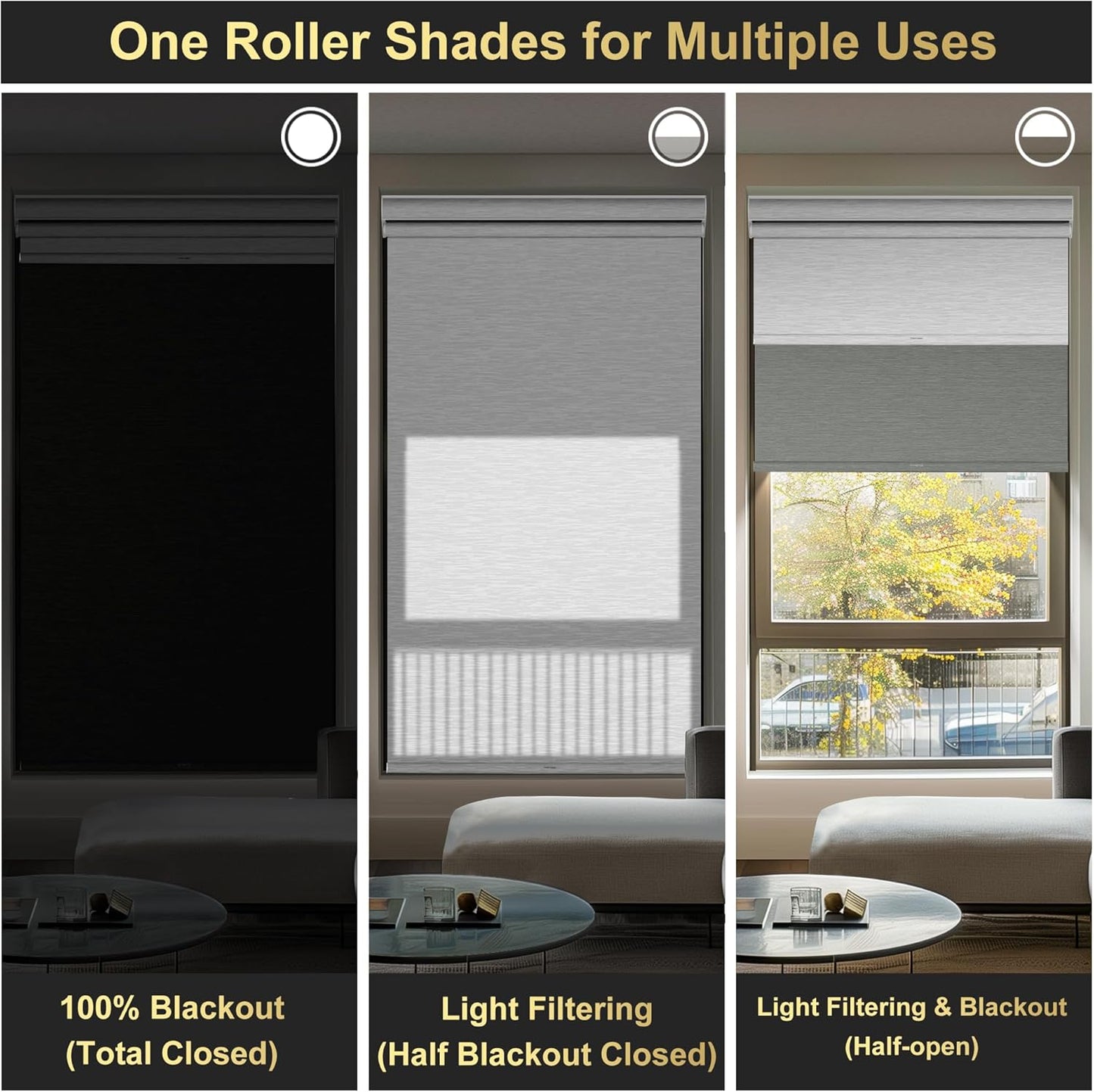 BERISSA Cordless Dual Roller Shades with Cassette Valance, Double Window Shades - Blackout and Light Filtering, Day and Night for Home Office Door. Grey and White. 48 W x 64" H