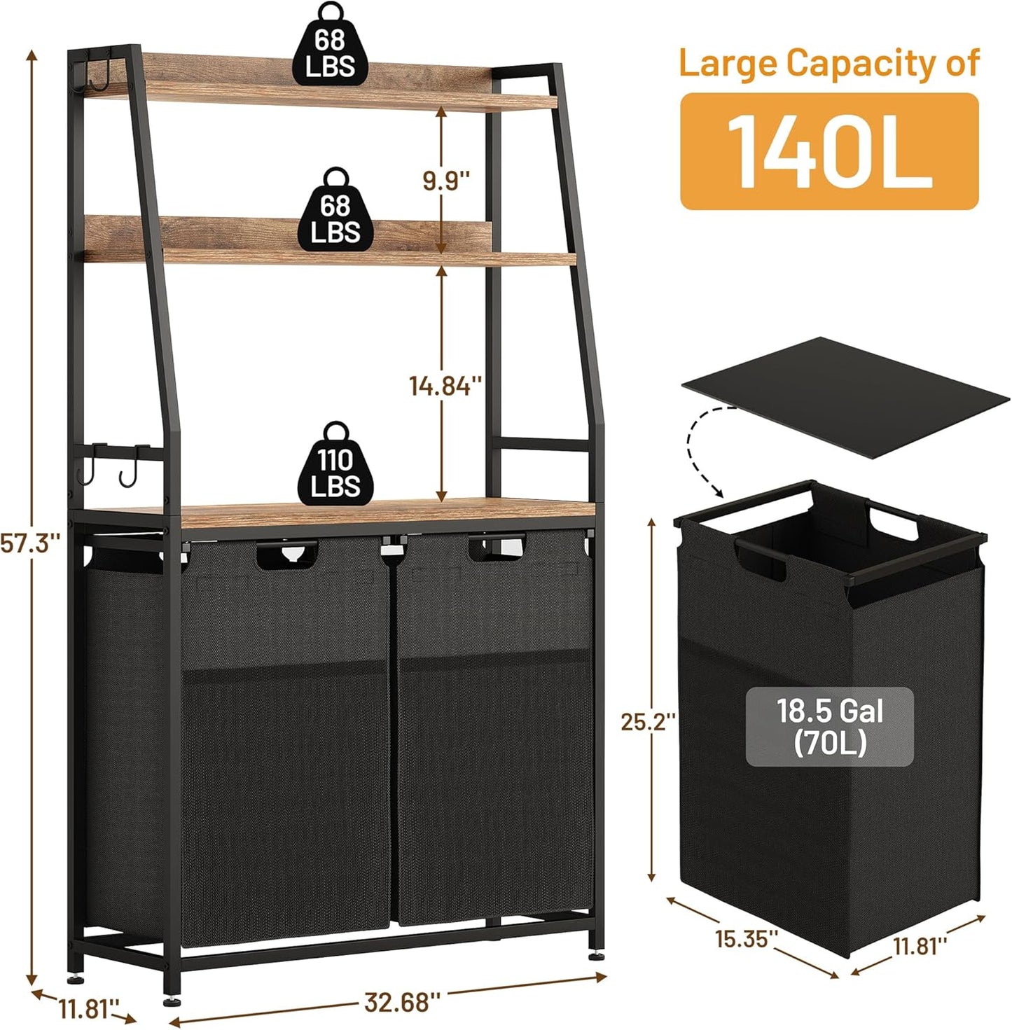 Lulive Double Laundry Hamper with Shelf, Laundry Basket with 3 Tier Storage Shelves & 4 Removable Hooks, Tall Laundry Sorter Clothes Hamper with Pull-Out Bags for Bathroom, Laundry Room - NestledHome