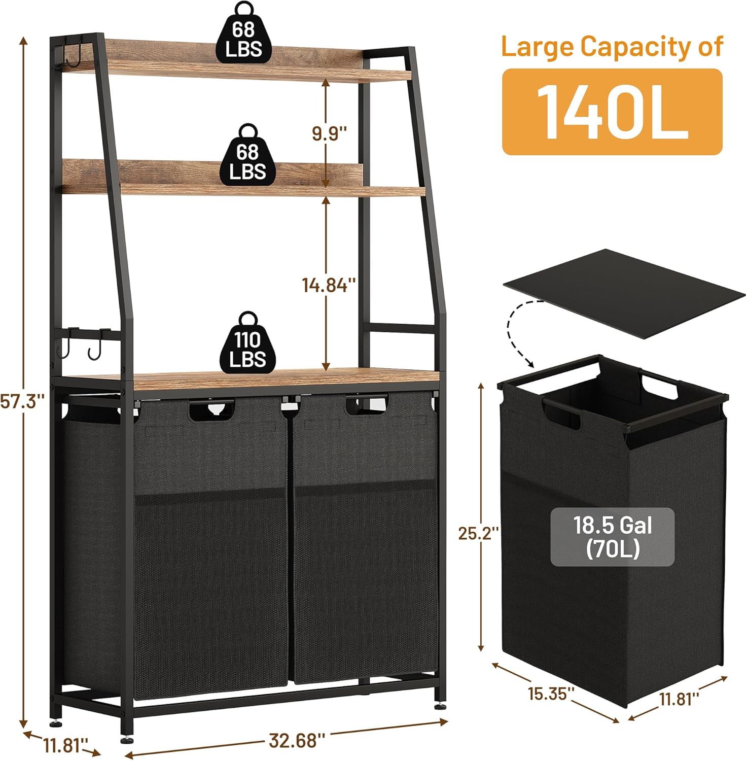 Lulive Double Laundry Hamper with Shelf, Laundry Basket with 3 Tier Storage Shelves & 4 Removable Hooks, Tall Laundry Sorter Clothes Hamper with Pull-Out Bags for Bathroom, Laundry Room - NestledHome
