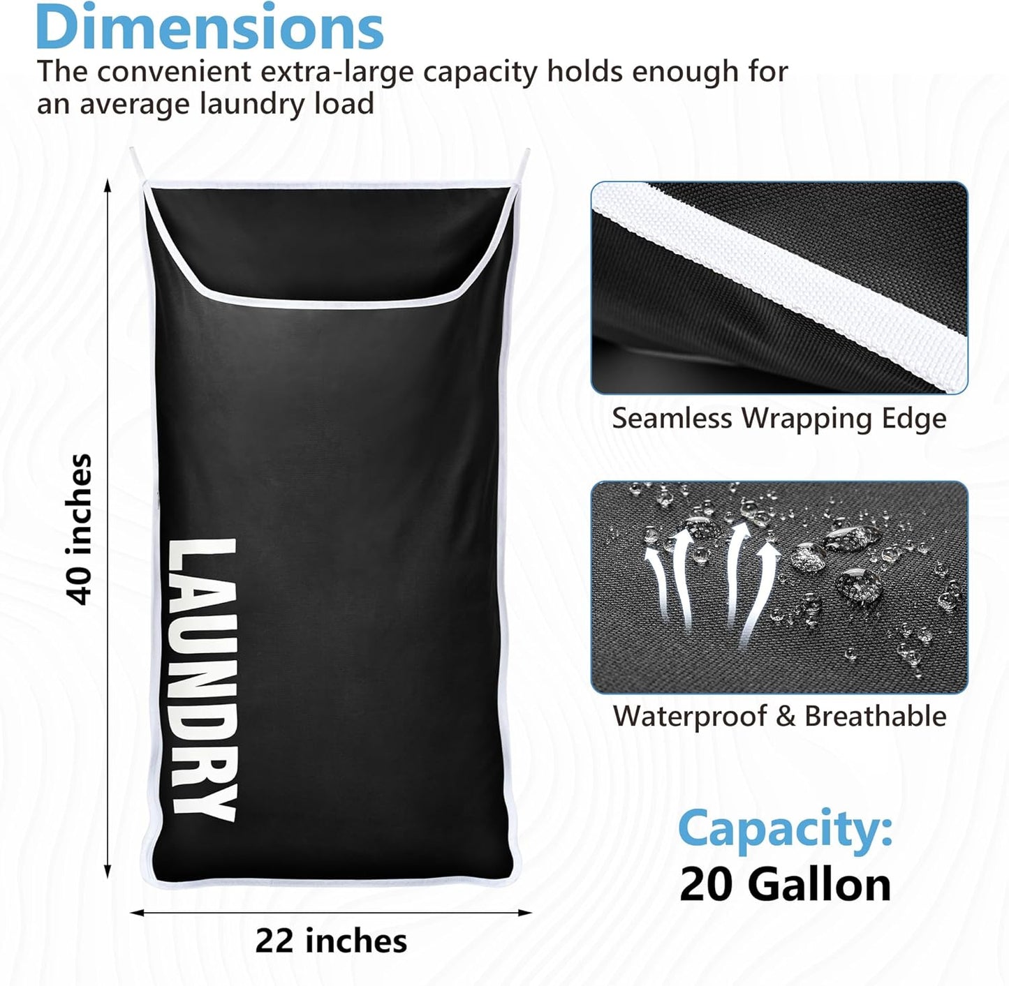 Hanging Laundry Hamper Bag XL 40x22", Space Saving over the Door Storage Bags, Behind the Door Hampers for Dirty Clothes & Wall Mounted Basket for Bathroom, Organizer for Small Room Spaces RV - NestledHome