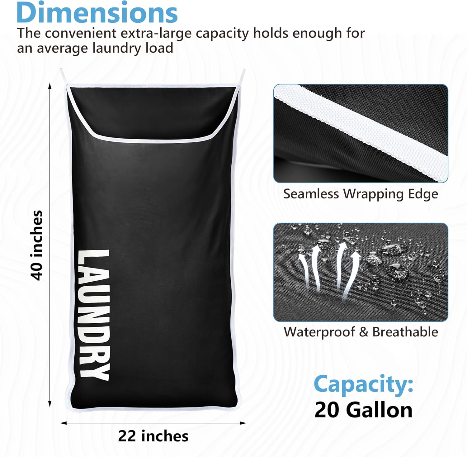 Hanging Laundry Hamper Bag XL 40x22", Space Saving over the Door Storage Bags, Behind the Door Hampers for Dirty Clothes & Wall Mounted Basket for Bathroom, Organizer for Small Room Spaces RV - NestledHome