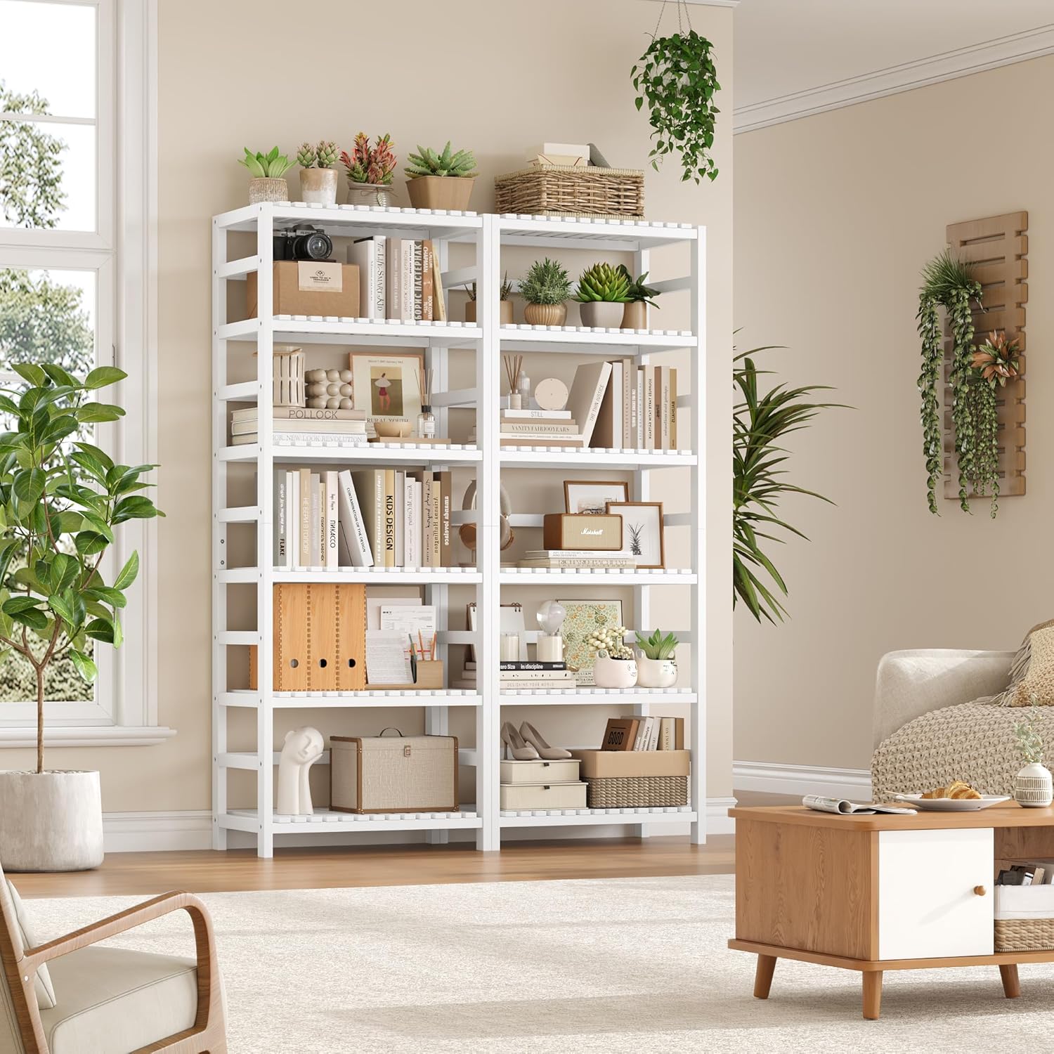 FOTOSOK 6-Tier Bamboo Shelf Set of 2, Bamboo Bookcase with Adjustable Shelves, Free Standing Storage Shelf Unit Plant Flower Stand, Tall Large White Bookshelf for Kitchen, Bathroom, Home Office, White - NestledHome