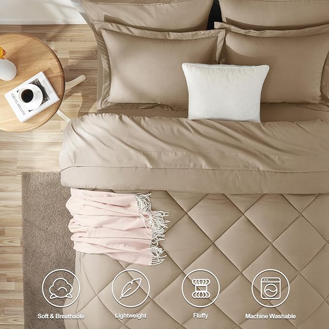 CozyLux King Size Comforter Set Taupe - 7 Pieces Bed in a Bag King, Luxury Soft Bed Set for All Seasons, Bedding Set with Down Alternative Comforter, Sheets, Pillowcases & Shams