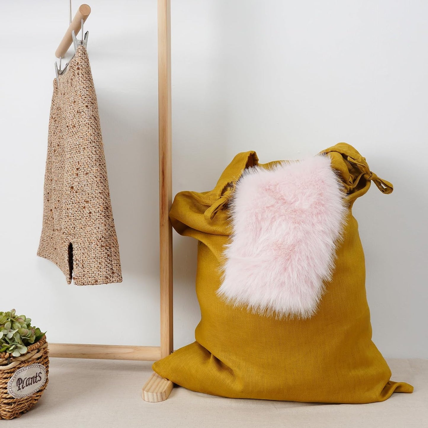 Linen Hanging Laundry Bag, Over The Door Laundry Hamper for Dirty Clothes, Drawstring Closure with Bottom Zipper, Turmeric - NestledHome