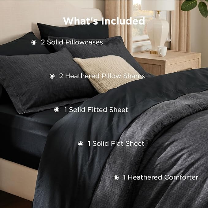 Bedsure Queen Comforter Set Black - Bed in a Bag Queen Size Bedding 7 Pieces, Cationic Dyed Bed Set Gift for Family, Black Soft Bedding for All Seasons Comforter with Sheets, Pillowcases & Shams