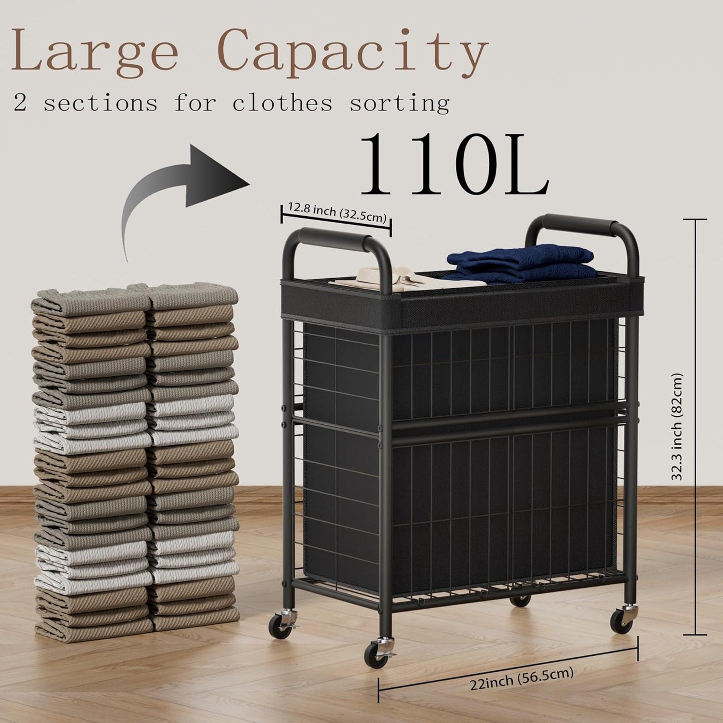 Laundry Hamper 2 Section, 110L Rolling Laundry Sorter Basket with Wheels, 2 Compartment Clothes Organizer Cart, Pull-Out Removable Bags for Laundry Room, Bathroom, Bedroom, Black - NestledHome