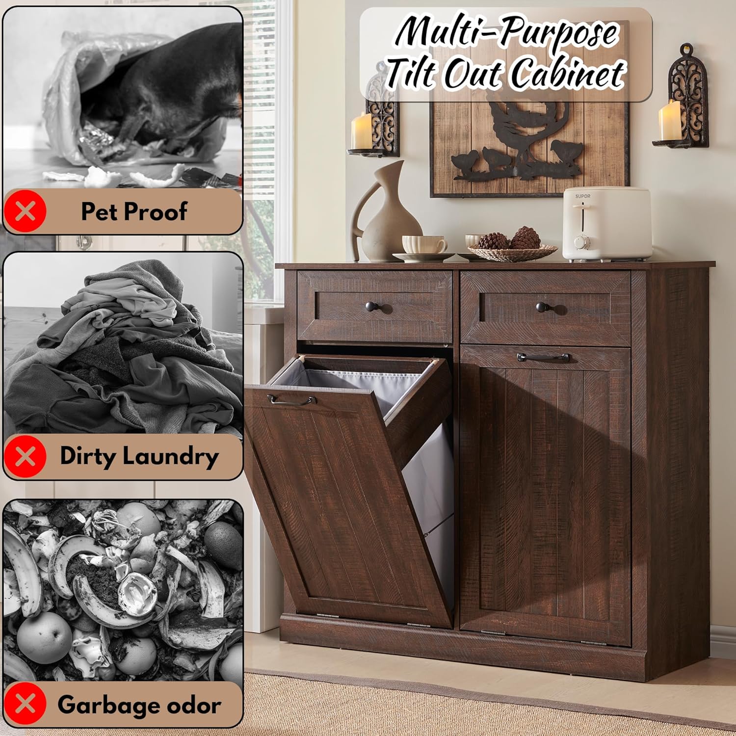 Double Tilt Out Laundry Hamper Cabinet, 20 Gallon Farmhouse Trash Can Cabinet with Drawer, Hidden Wood Garbage Can Bin Cabinet with Laundry Storage Basket for Bathroom, Kitchen, Brown - NestledHome