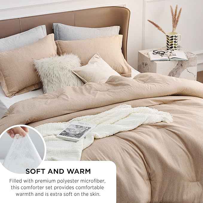 Bedsure Queen Comforter Set - Warm Sand Comforter Queen Size, Soft Bedding for All Seasons, Cationic Dyed Bedding Set, 3 Pieces, 1 Comforter (90"x90") and 2 Pillow Shams (20"x26"+2")
