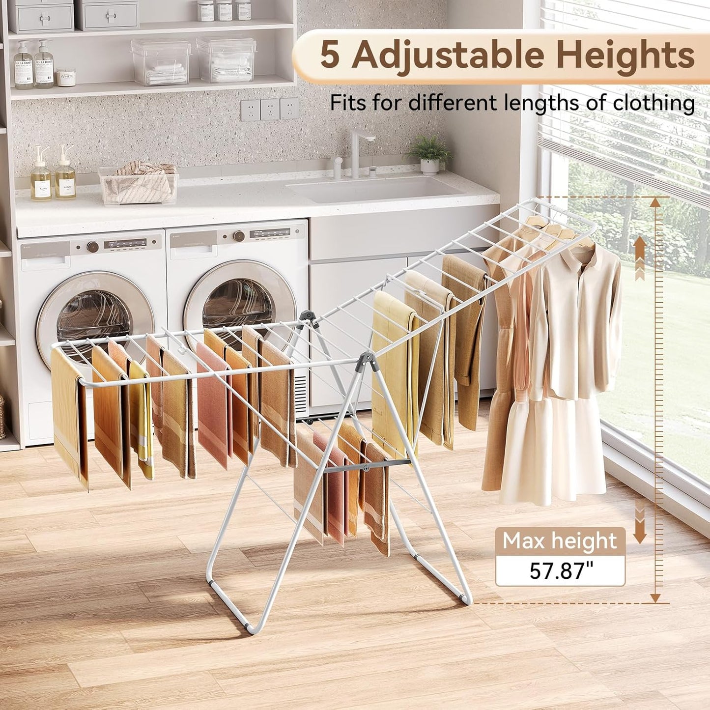 APEXCHASER Clothes Drying Rack, Foldable Drying Rack Clothing, Sturdy Metal Laundry Drying Rack, Height-Adjustable Gullwing, Easy to Fold, Space-Saving, for Indoor Outdoor, White - NestledHome