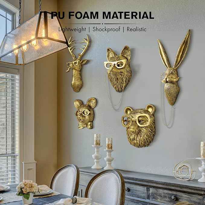 montresor 5 PCS Animals Head Wall Art Sculptures 17 inchs Gold Office Vintage 3D Wall Decor Art for Whimsigoth Home Wall Decor Lightweight Material Accent Wall Hanging Room Decor Maximalist Decor