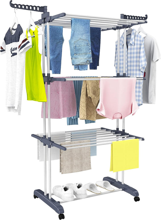 HOMIDEC Clothes Drying Rack, Oversized 4-Tier(67.7" High) Foldable Stainless Steel Drying Rack Clothing, Movable Drying Rack with 4 castors, 24 Drying Poles and 14 Hooks for Bed Linen, Clothing, Grey - NestledHome