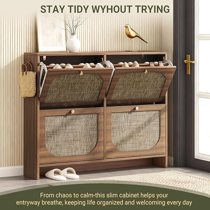 Nicetree Rattan Arched Accent Shoe Storage Cabinet - Freestanding Ultra Slim for Entryway, 4 Flip Drawers & 3-Tier Adjustable Shelves, Farmhouse Modern Rustic Shoe Rack for Hallway, Foyer, Living Room