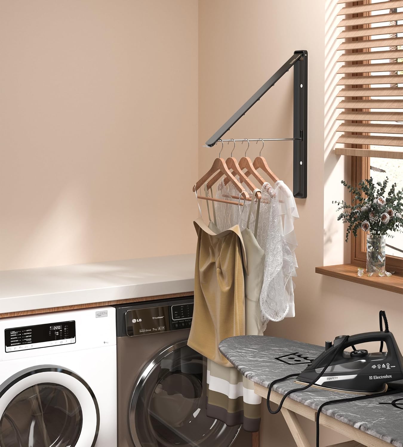Dr.DJ Clothes Drying Rack with Rod, Wall-Mounted Retractable & Foldable Clothes Hanger for Laundry Room Organization and Storage, Metal Clothes Hanger Rack for Dorm, Closet, Balcony 2Rack, 1Rod Black - NestledHome