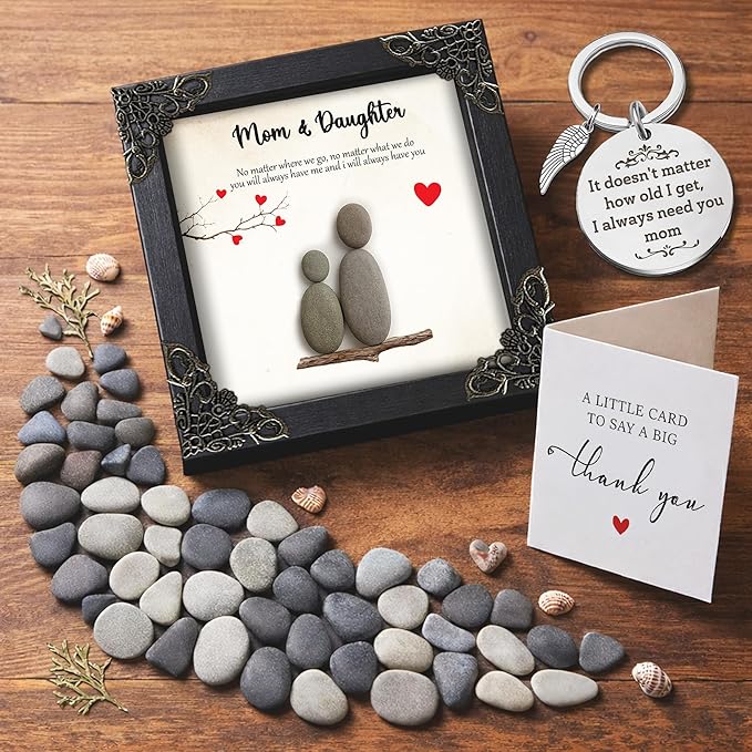 Mothers Day Mom Gifts from Daughters – 4.7" Pebble Art Frame Mothers Day Plaque, Engraved Mom Keychain, Card – Birthday Gift Set for Moms, Mother, Mama from Daughter Son, Best Mum Ever Keepsake S15-47