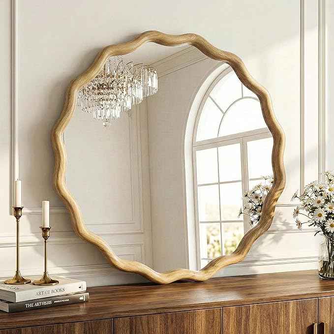 Round Wood Mirrors for Wall, 24" Boho Cirecle Wavy Mirror with Wooden Frame, Decorative Mirror with Tempered Glass, Natural Wooden Frame Vanity Mirror for Bedroom, Living Room, Entryway