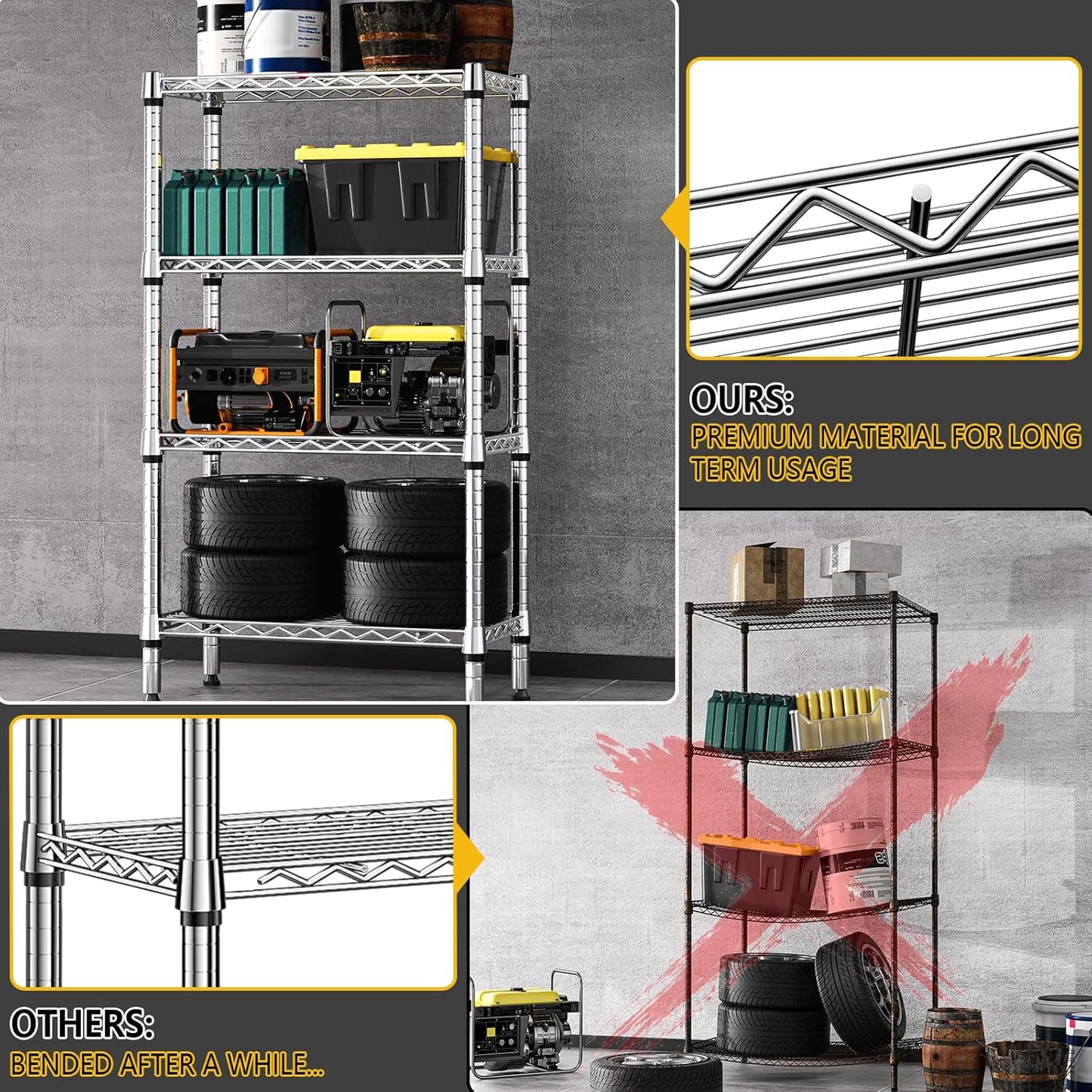 1000 lbs 4 Tier Shelf Metal Storage Shelves Wire Rack Closet Organizers for Garage Kitchen Bathroom Laundry Chrome 11.8" D x 25.6" W x 45.5" H - NestledHome