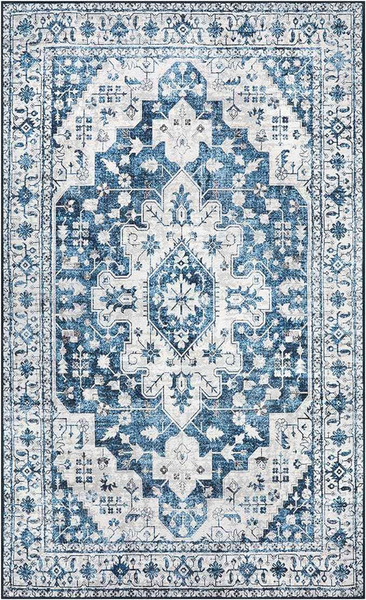 Moynesa Ultra-Thin Washable Area Rug - 3x5 Blue Kitchen Rugs Washable Rugs for Entryway Non Slip Front Door Mat, Non Shedding Low Pile Lightweight Indoor Carpet for Dorm Basement Foyer Living Room