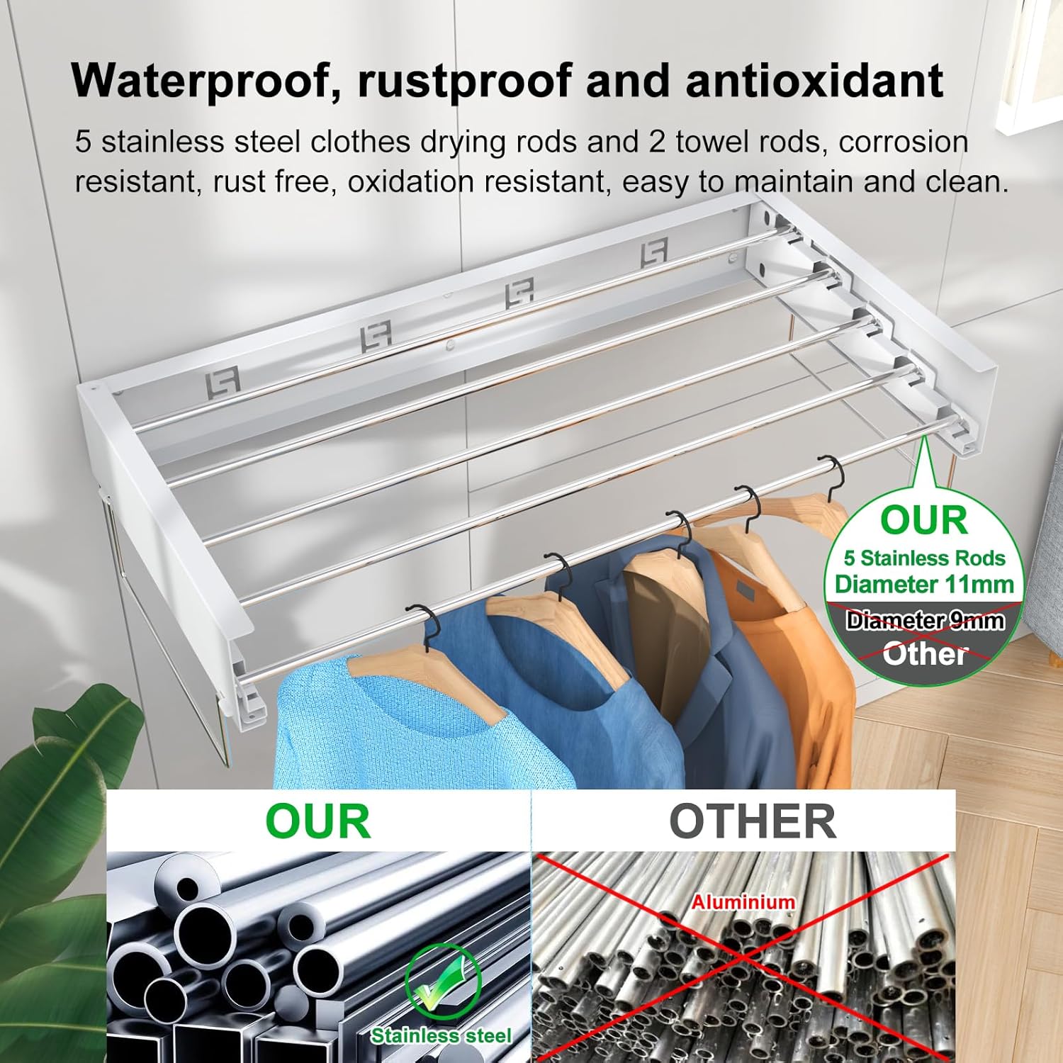 Wall Mounted Drying Rack, Foldable Laundry Rack, Collapsible Drying Rack, 5 Stainless Rods, Wall Mounted Clothing Rod with 2 Towel Bar, 90 lb Capacity, 31.5" White - NestledHome