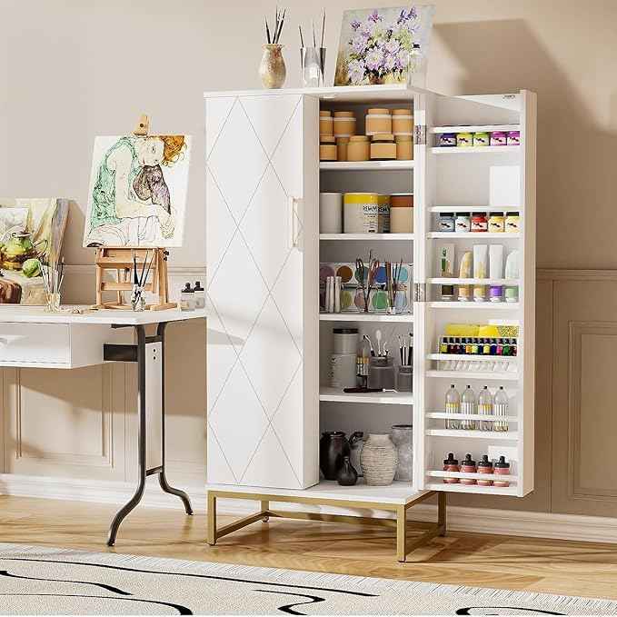 51” Kitchen Pantry Storage Cabinet, White Freestanding Pantry Cabinets with Doors and Adjustable Shelves, Buffet Cupboards Storage Cabinet for Home Office Use, Dinning Room(White + Gold)