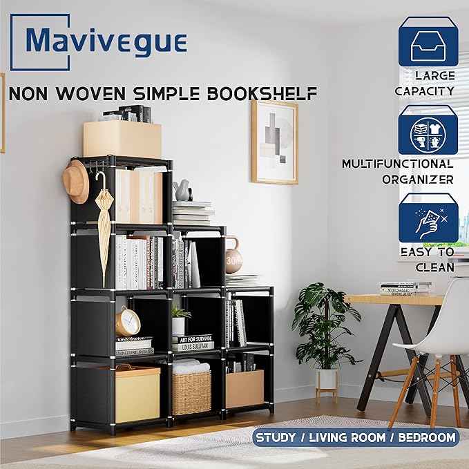 Mavivegue Book Shelf, 9 Cube Storage Organizer, DIY Bookcase, Metal Cube Bookshelf, Tall Book case for Bedroom, Living Room,Office, Closet Storage Organizer, Black Cubicle Storage Rack