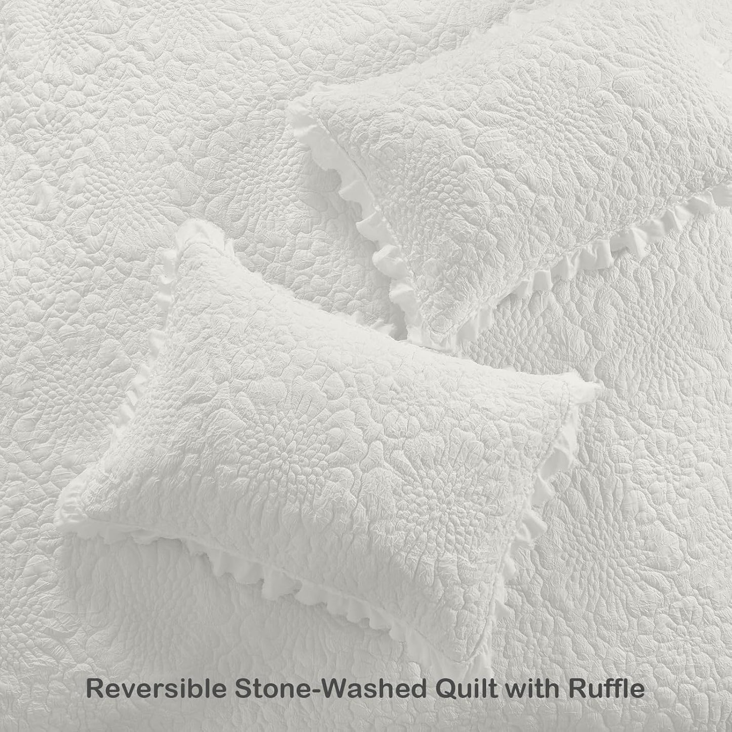 HORIMOTE HOME Cream White Ruffled Quilt Twin Size, Stone-Washed Microfiber Lightweight Crinkled Farmhouse Rustic Shabby Chic Bedding Set, 2 Pieces Reversible Bedspread with Pillow Sham for All Season
